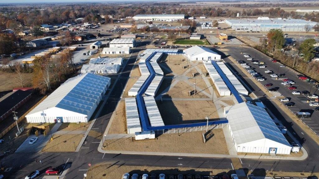 aerial view of school complex made up of Clearspan Alu Hall, Jumbo and Delta tents